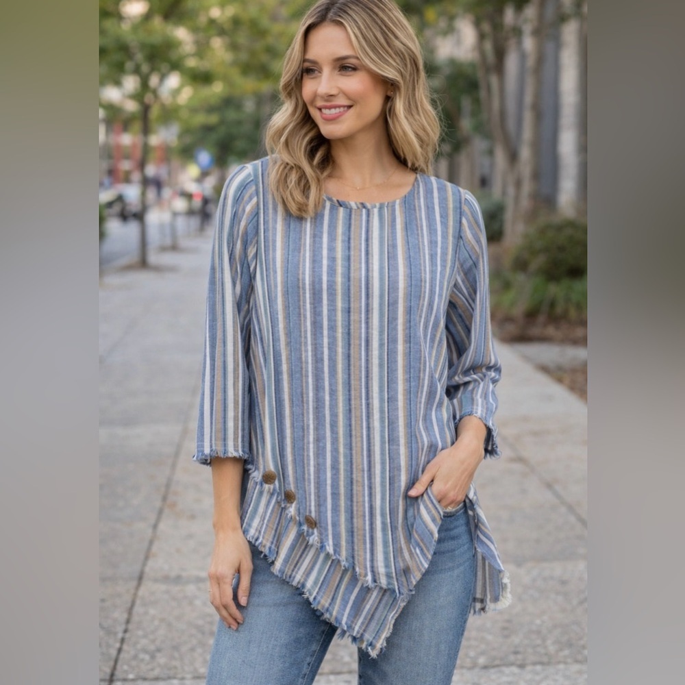 NWOT Ali Miles Asymmetrical Striped Blue and White Blouse
